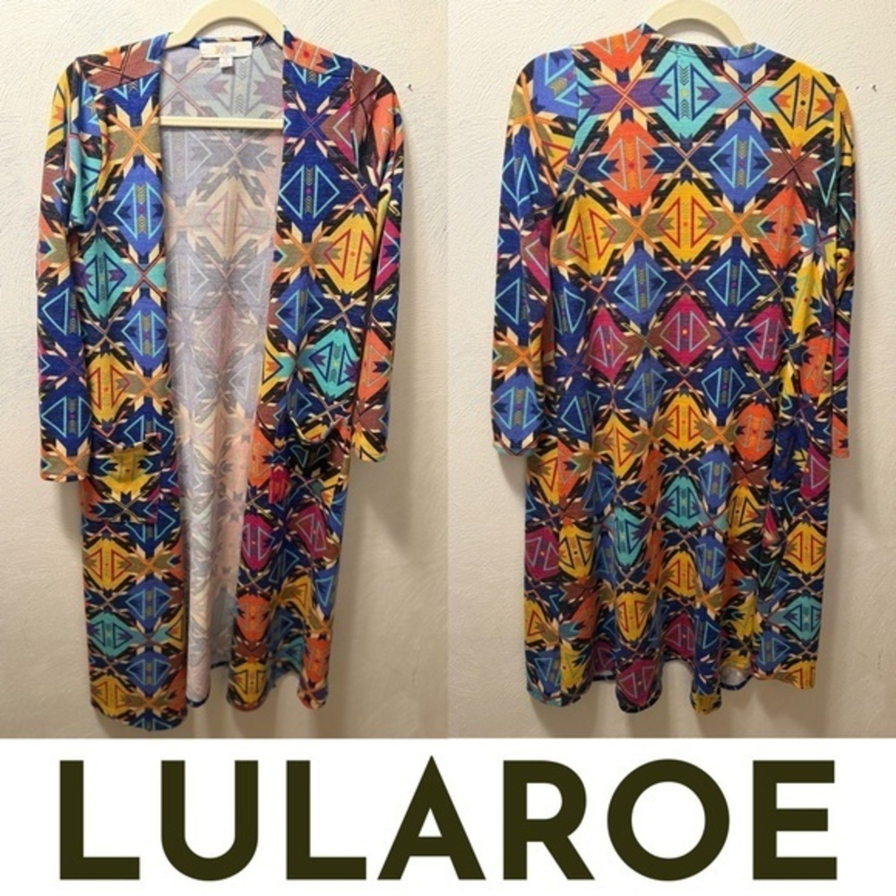 LuLaRoe Blue Yellow Long Duster Cardigan Colorful Geometric Print Spring Size S